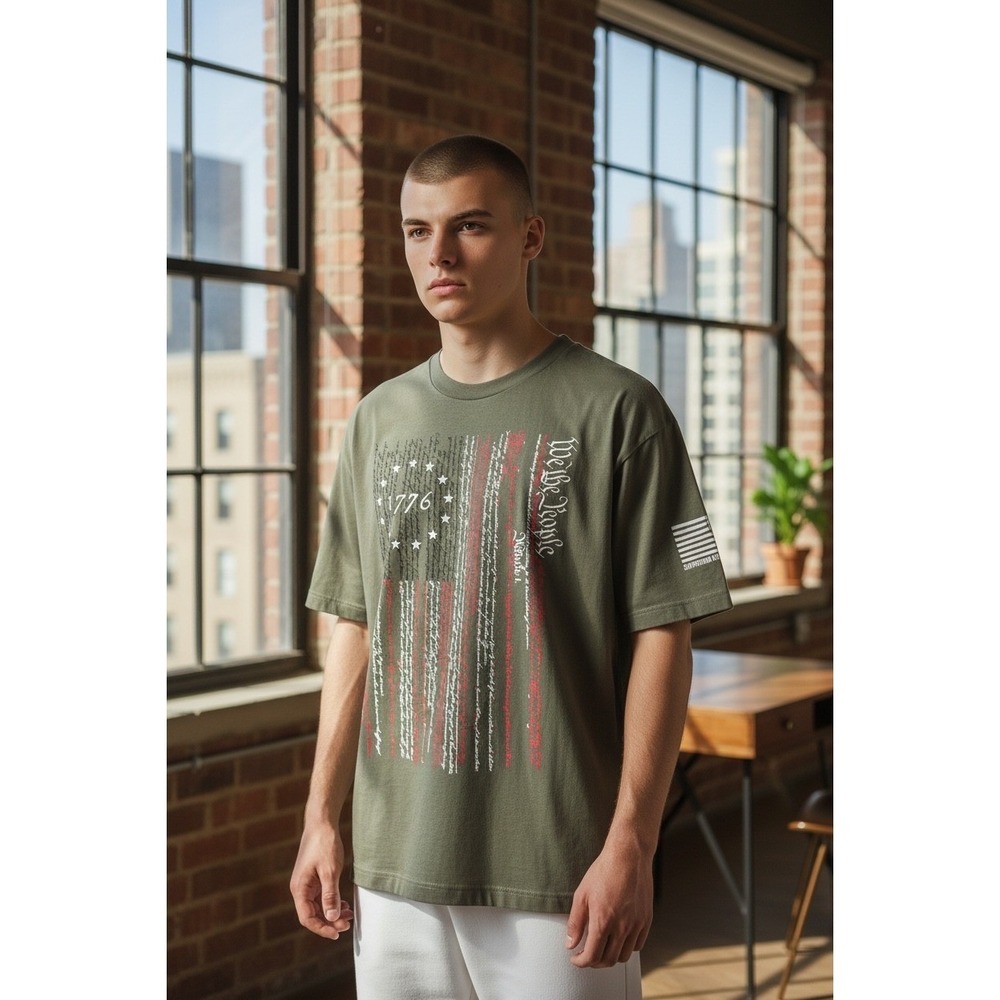 Rags of Honor Mens We the People 1776 Constitution Flag Graphic Tee Olive Green